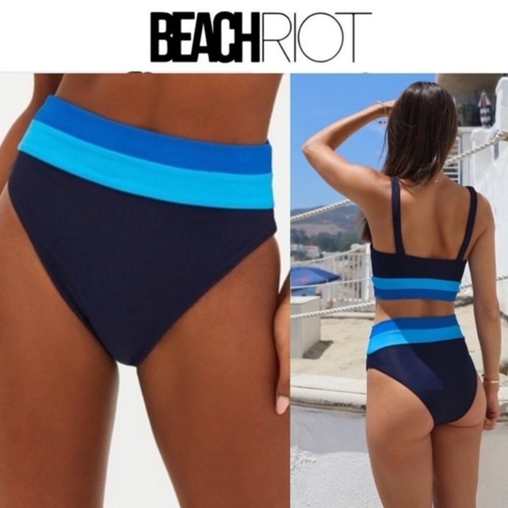 Beach Riot Heidi Colorblock High Waist Bikini Bottom in Blue sz S $98